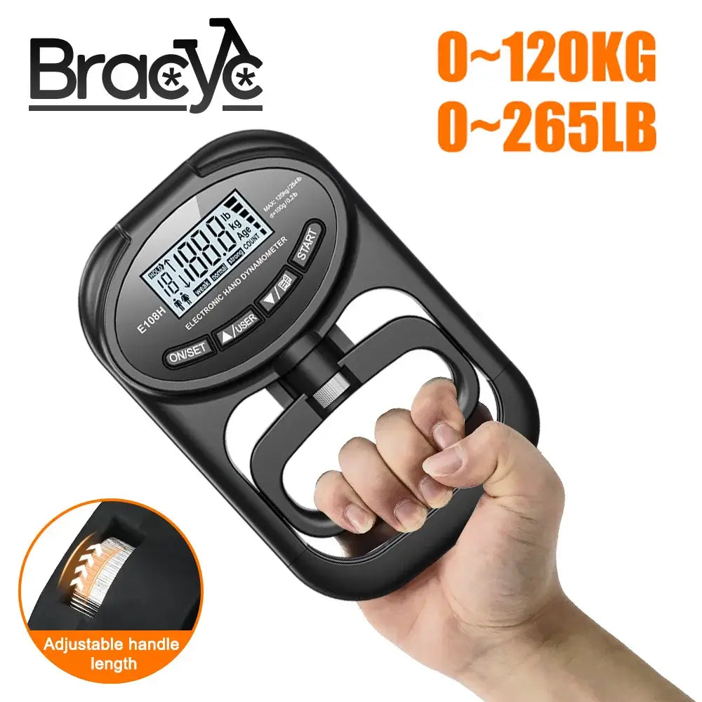 Digital hand dynamometer with USB-LCD screen, adjustable handle, and 265 lbs capacity for grip strength measurement.