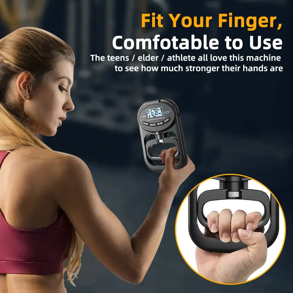 Woman holding digital hand dynamometer with ergonomic design, ideal for athletes, teens, and elders to measure grip strength.