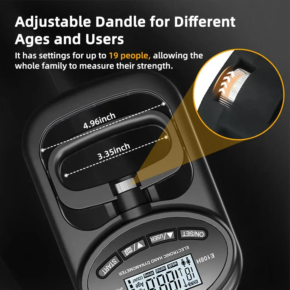 Adjustable handle length feature of digital hand dynamometer, suitable for all ages and up to 19 user profiles.